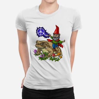 Gnome Riding Frog Hippie Peace Fantasy Psychedelic Forest Women T-shirt | Crazezy