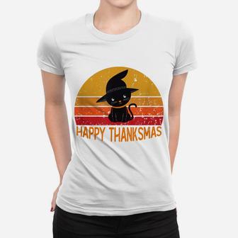 Happy Thanksmas Cat Lovers Black Cat Thanksgiving Christmas Women T-shirt | Crazezy UK