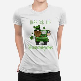 Here For The Shenanigans Gnome Elf Cow St Patricks Day Women T-shirt | Crazezy