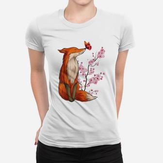 Japanese Fox Cherry Blossom Flower Sakura Trees Kawaii Women T-shirt | Crazezy