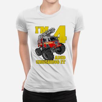 Kids Monster Fire Truck 4Th Shirt Birthday Boy 4 Firefighter Gift Women T-shirt | Crazezy CA