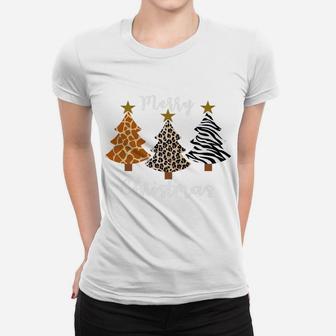 Merry Christmas Animal Leopard Zebra Giraffe Print Tree Xmas Women T-shirt | Crazezy