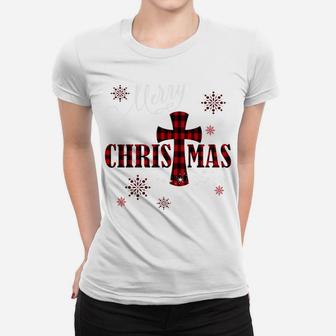 Merry Christmas Cross Buffalo Plaid Christian Holiday Gift Sweatshirt Women T-shirt | Crazezy