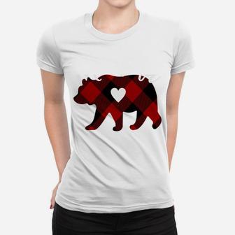 Momma Bear Christmas Buffalo Plaid Red White & Black Gift Women T-shirt | Crazezy UK