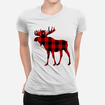 Moose Buffalo Red Plaid Long Sleeve Shirt Gift Women T-shirt | Crazezy