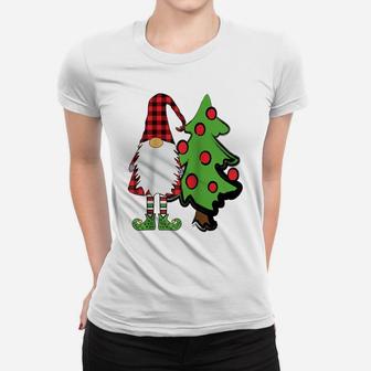 Nordic Gnome Christmas Tree Tomte Nisse Holiday Cute Plaid Raglan Baseball Tee Women T-shirt | Crazezy