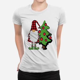 Nordic Gnome Christmas Tree Tomte Nisse Holiday Cute Plaid Women T-shirt | Crazezy