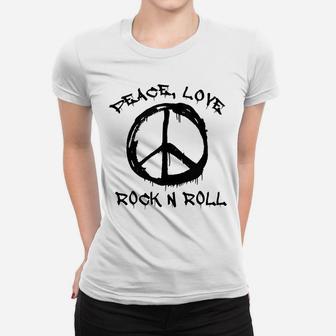 Peace Love And Rock And Roll Saying Rocker Motif Women T-shirt | Crazezy