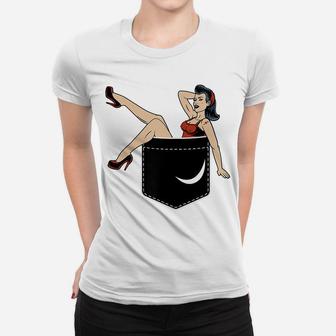 Pin Up Girl In Pocket Funny Vintage Retro Illustration Gifts Women T-shirt | Crazezy UK