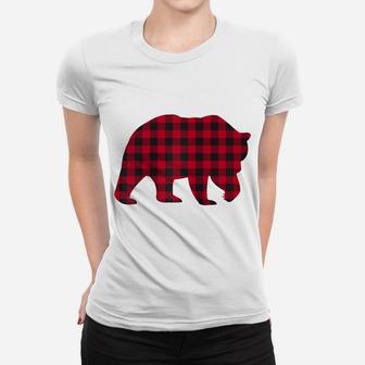 Red Plaid Bear Christmas Matching Buffalo Family Pajama Raglan Baseball Tee Women T-shirt | Crazezy
