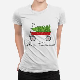 Red Wagon Bringing Home Christmas Tree Women T-shirt | Crazezy UK