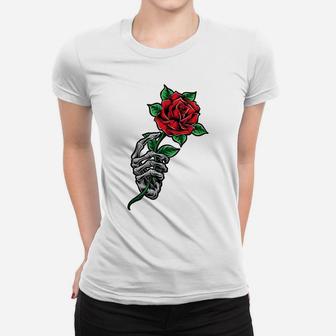 Skeleton Hand Holding A Red Rose Flower Cool Aesthetic Women T-shirt | Crazezy CA