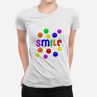 Smileteesall Cute Smile Text With Colorful Smiley Faces Women T-shirt | Crazezy