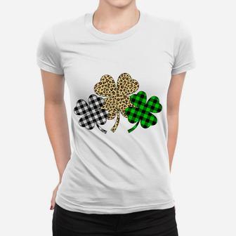 Three Shamrocks Leopard Buffalo Plaid St Patrick Day Gift Women T-shirt | Crazezy