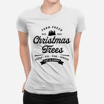 Vintage Festive Holiday Season Farm Fresh Christmas Trees Women T-shirt | Crazezy