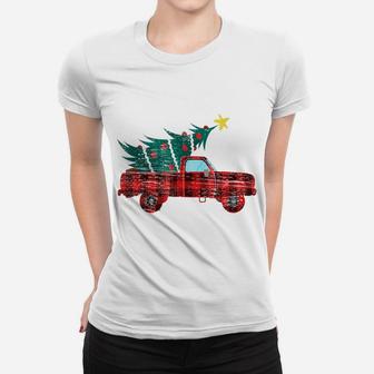 Vintage Red Truck Merry Christmas Tree Red Buffalo Plaid Women T-shirt | Crazezy