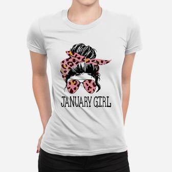 Womens January Girl Woman Face Wink Eyes Glasses Leopard Birthday Women T-shirt | Crazezy