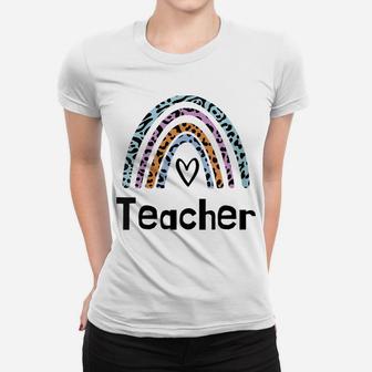 Womens Leopard Boho Rainbow Teacher Love Women Women T-shirt | Crazezy