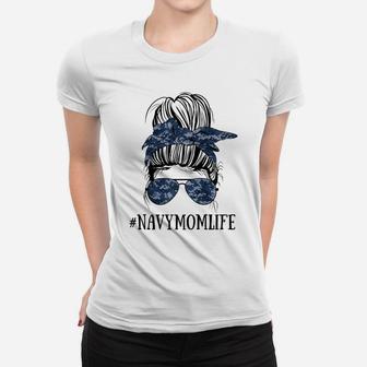 Womens Messy Bun Life Of A Proud Mom Navy Mother's Day Military Mom Raglan Baseball Tee Women T-shirt | Crazezy UK