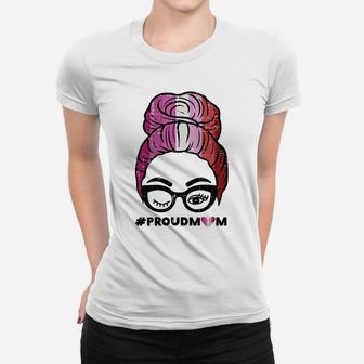 Womens Proud Mom Messy Hair Bun Lgbt Lesbian Flag Gay Pride Women Women T-shirt | Crazezy