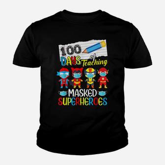 100 Days Of Teaching Masked Superheroes Virtual Teacher Gift Youth T-shirt | Crazezy