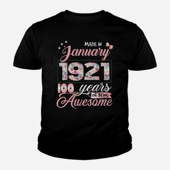 100Th Birthday Floral Gift For Womens Born In January 1921 Youth T-shirt | Crazezy