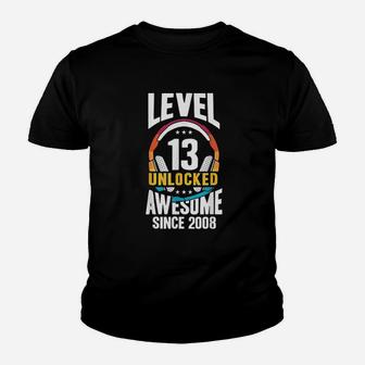 13Th Birthday Gift Level 13 Unlocked Awesome Since 2008 Youth T-shirt | Crazezy