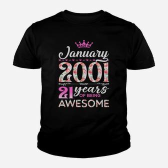 21St Birthday Floral Gift For Womens Born In January 2001 Youth T-shirt | Crazezy