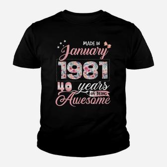 40Th Birthday Floral Gift For Womens Born In January 1981 Youth T-shirt | Crazezy
