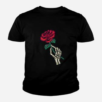 Aesthetic Streetwear Goth Skeleton Hand Red Rose Flower Gift Youth T-shirt | Crazezy DE