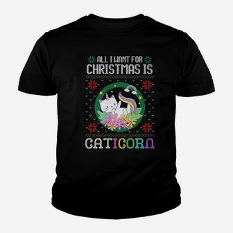 All I Want For Christmas Is A Unicorn Cat Caticorn Ugly Xmas Youth T-shirt | Crazezy CA