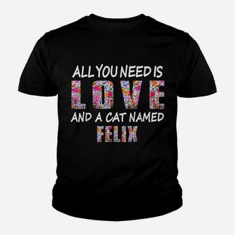 All You Need Is Love And A Cat Named Felix Vintage Floral Youth T-shirt | Crazezy
