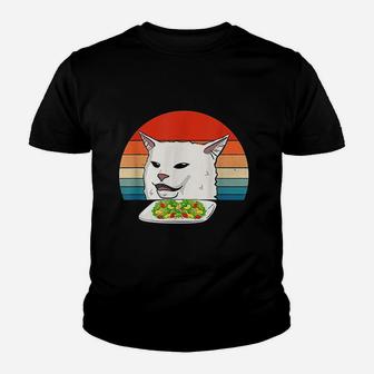 Angry Women Yelling At Confused Cat At Dinner Table Meme Youth T-shirt | Crazezy