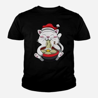 Anime Cat With Santa Hat, Cute Kitten Ramen Christmas Season Youth T-shirt | Crazezy
