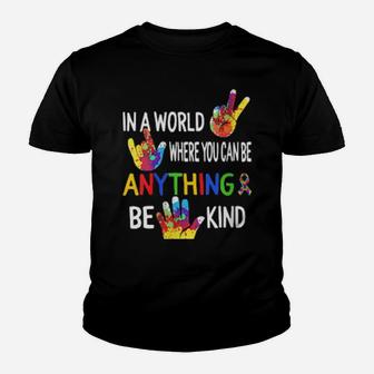 Autism Awareness In World Be Kind Asl Language Puzzle Ribbon Youth T-shirt - Monsterry
