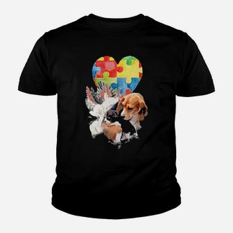 Autism Awareness Mommy Dog With Baby Puppy Puzzle Heart Love Shirt Youth T-shirt - Monsterry CA