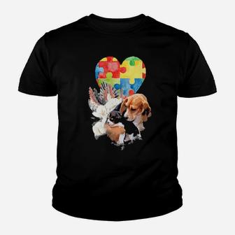 Autism Awareness Mommy Dog With Baby Puppy Puzzle Heart Love Youth T-shirt - Monsterry DE