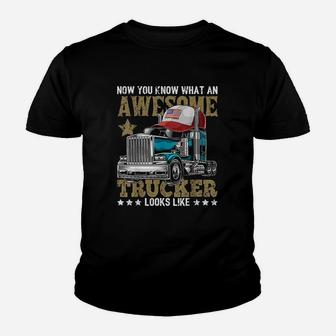 Awesome Trucker American Flag Truck Driver Trucker Hat Gift Youth T-shirt | Crazezy UK