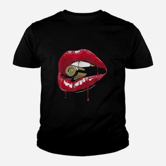 Biting The Red Lipstick Lips Youth T-shirt | Crazezy CA