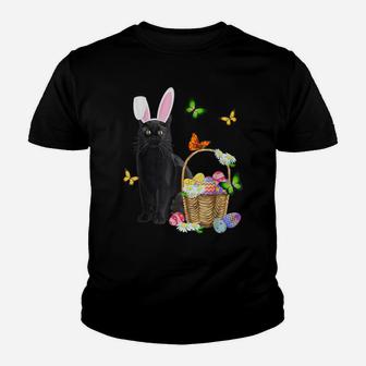 Black Cat Bunny Hat Rabbit Easter Eggs Basket Egg Hunting Youth T-shirt | Crazezy