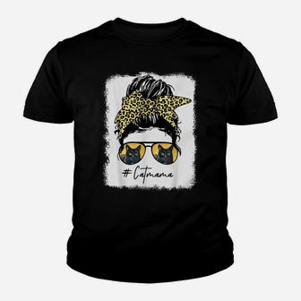 Bleached Black Cat Mom Life Leopard Messy Bun Player Womens Youth T-shirt | Crazezy UK