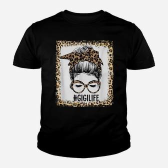 Bleached Gigi Life Messy Bun Leopard Christmas Mothers Day Youth T-shirt | Crazezy DE