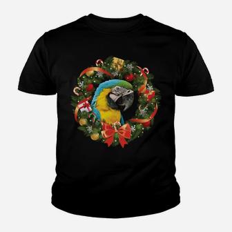 Blue & Gold Macaw Parrot Christmas Wreath Sweatshirt Youth T-shirt | Crazezy CA