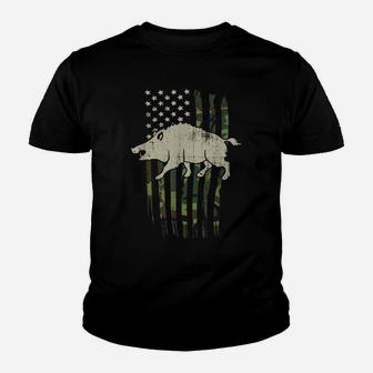 Boar Hunting Camouflage American Flag Hog Hunter Youth T-shirt | Crazezy UK