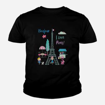 Bonjour I Love Paris France Eiffel Tower Youth T-shirt | Crazezy AU
