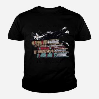 Books Cats Life Is Sweet Cat Book Lovers Reading Book Youth T-shirt | Crazezy