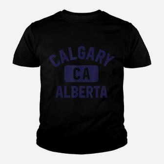 Calgary Ca Gym Style Distressed Navy Blue Print Youth T-shirt | Crazezy
