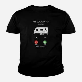Camping-Herren-Kinder Tshirt Schwarzes mit My Caravan is Calling Aufdruck - Seseable