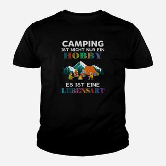 Camping-Lebensart Kinder Tshirt, Schwarzes mit Zeltdruck & Spruch - Seseable