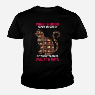 Cat Lovers Wine Is Good Books Reader Funny Cat Reading Youth T-shirt | Crazezy AU